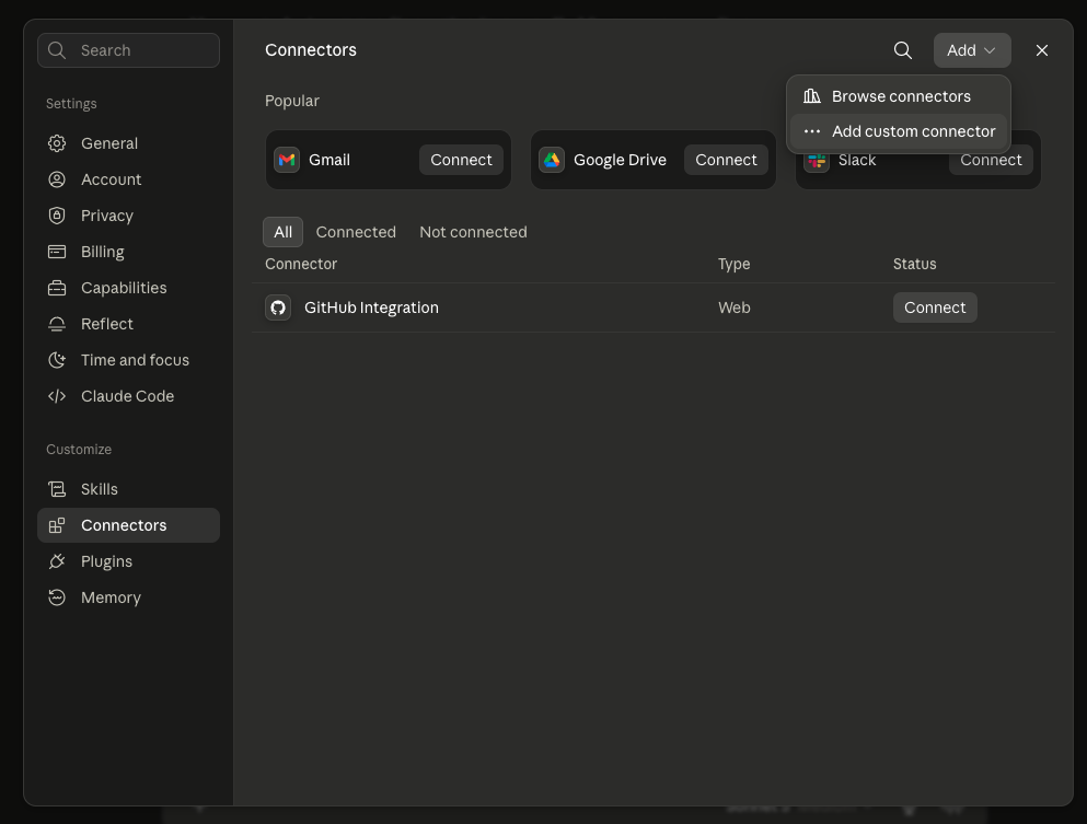 Claude Connectors settings with Add custom connector selected