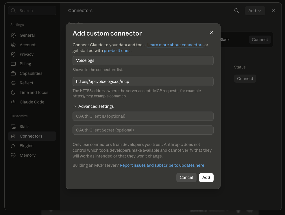 Claude Add custom connector form filled in with the Voicelogs MCP server details