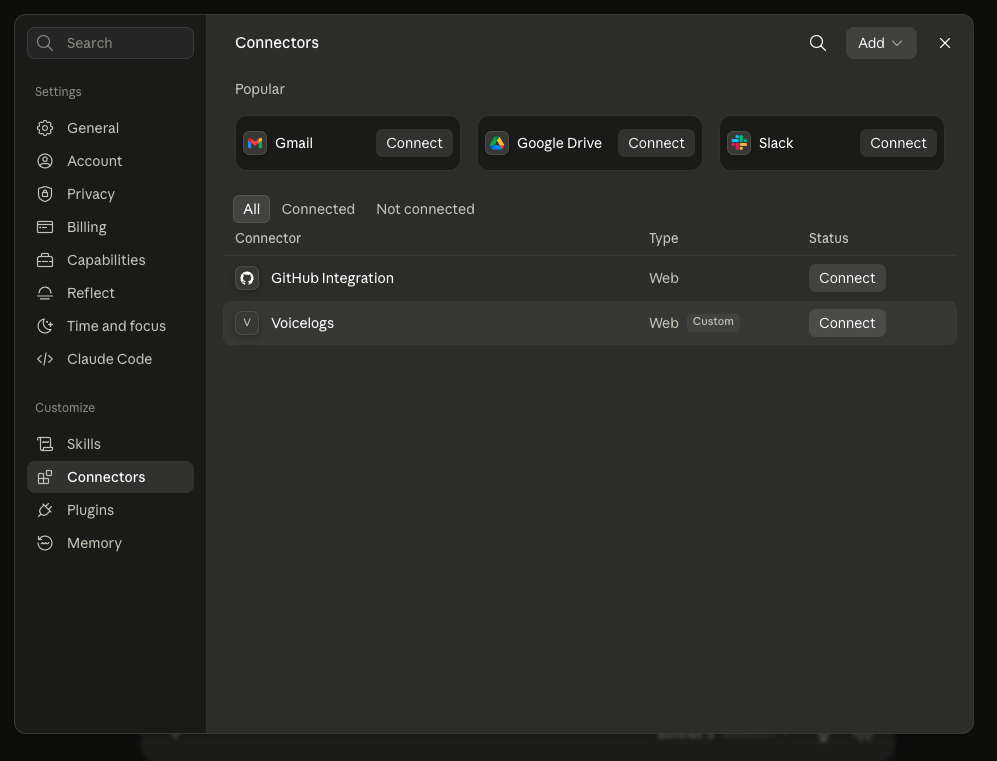 Claude Connectors list showing Voicelogs with a Connect button
