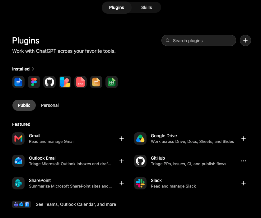 ChatGPT Plugins page with the plus button highlighted in the top-right corner