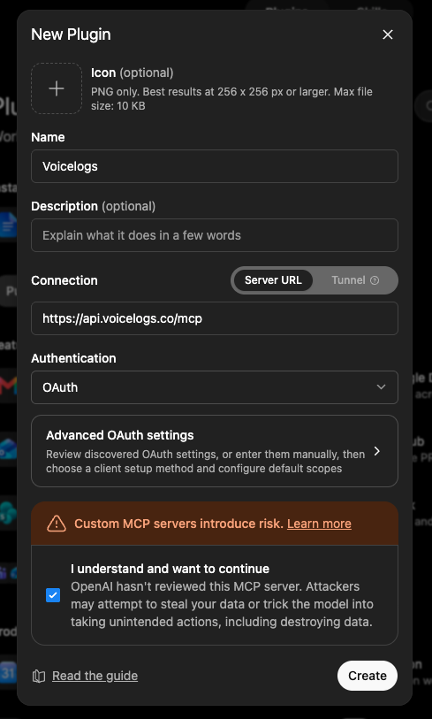 ChatGPT New Plugin form filled in with the Voicelogs MCP server details