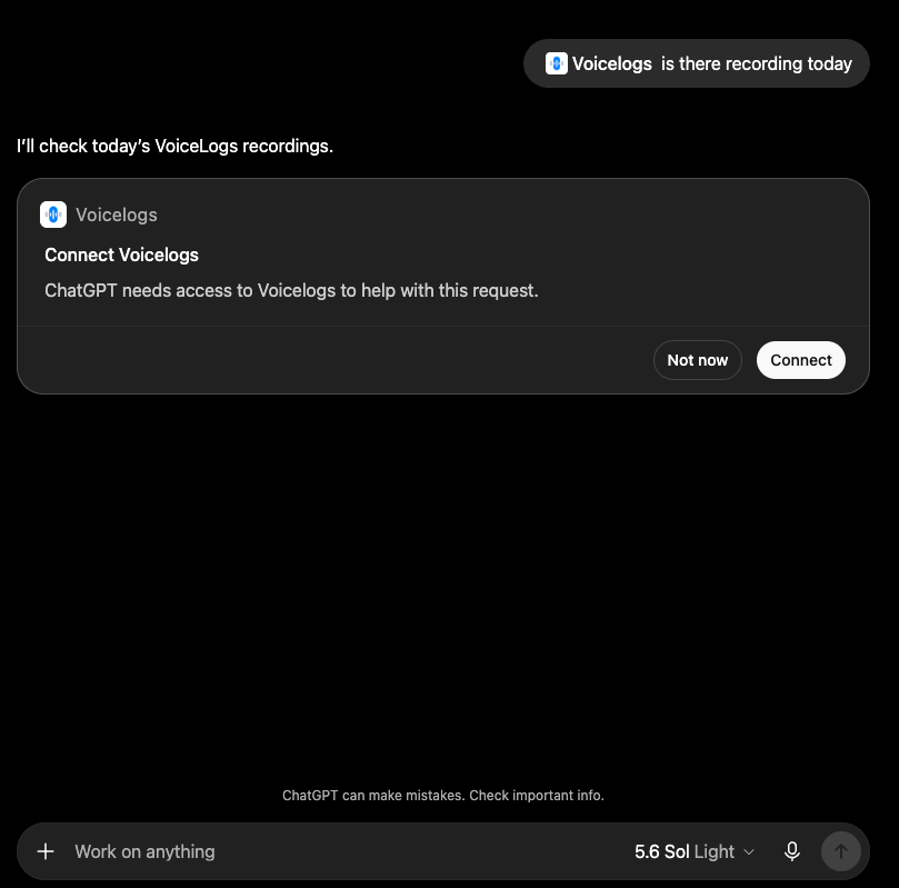 ChatGPT asking the user to connect their Voicelogs account