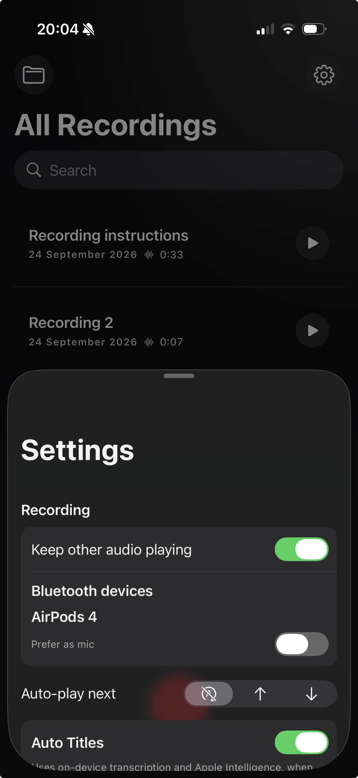Voice Notes setting to keep other audio playing and prefer AirPods as microphone