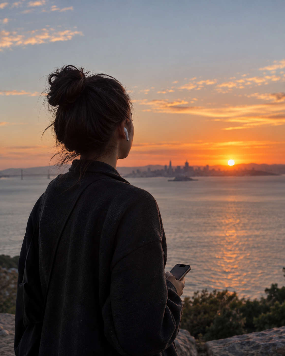 A person wearing AirPods and holding an iPhone while watching the sunset