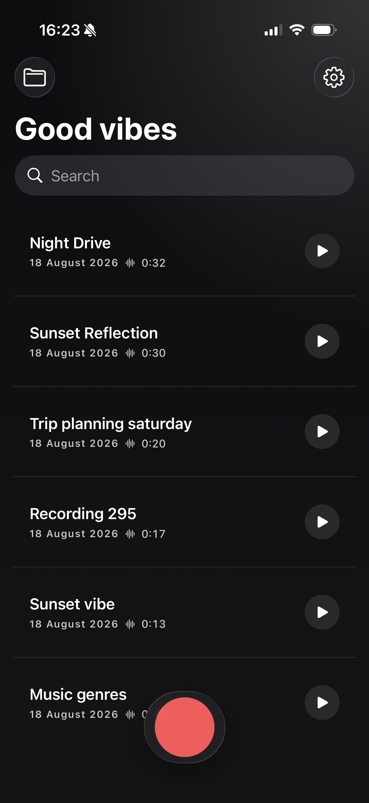 Voice Notes library showing saved recordings