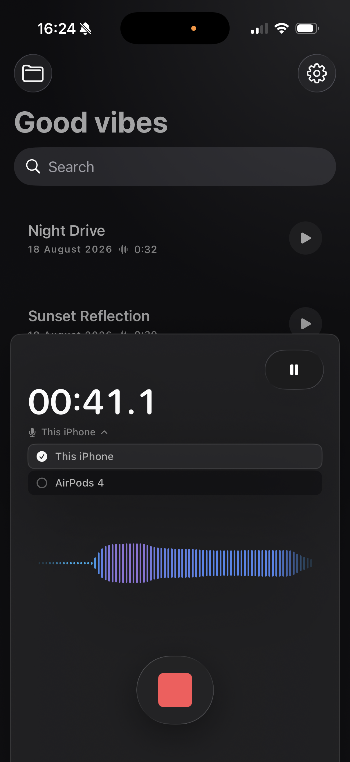 Voice Notes recording screen with an audio waveform
